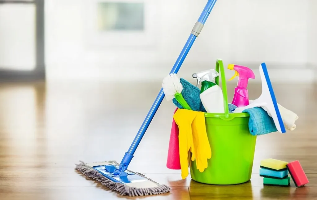 Professional cleaning service team working efficiently in an office