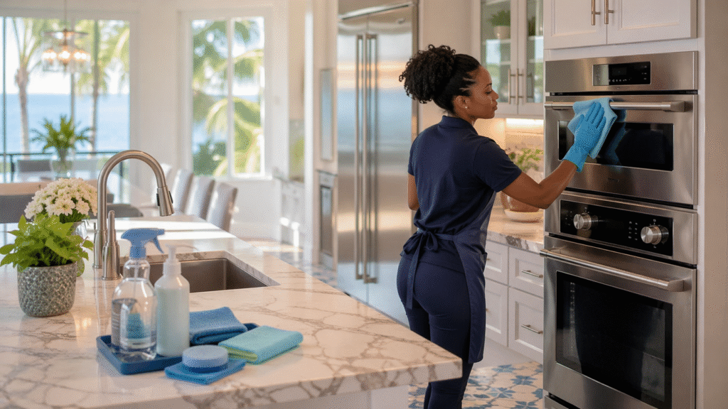 Professional cleaner deep cleaning a bright modern Tampa kitchen during spring, with natural Florida sunlight and cleaning supplies on marble counter