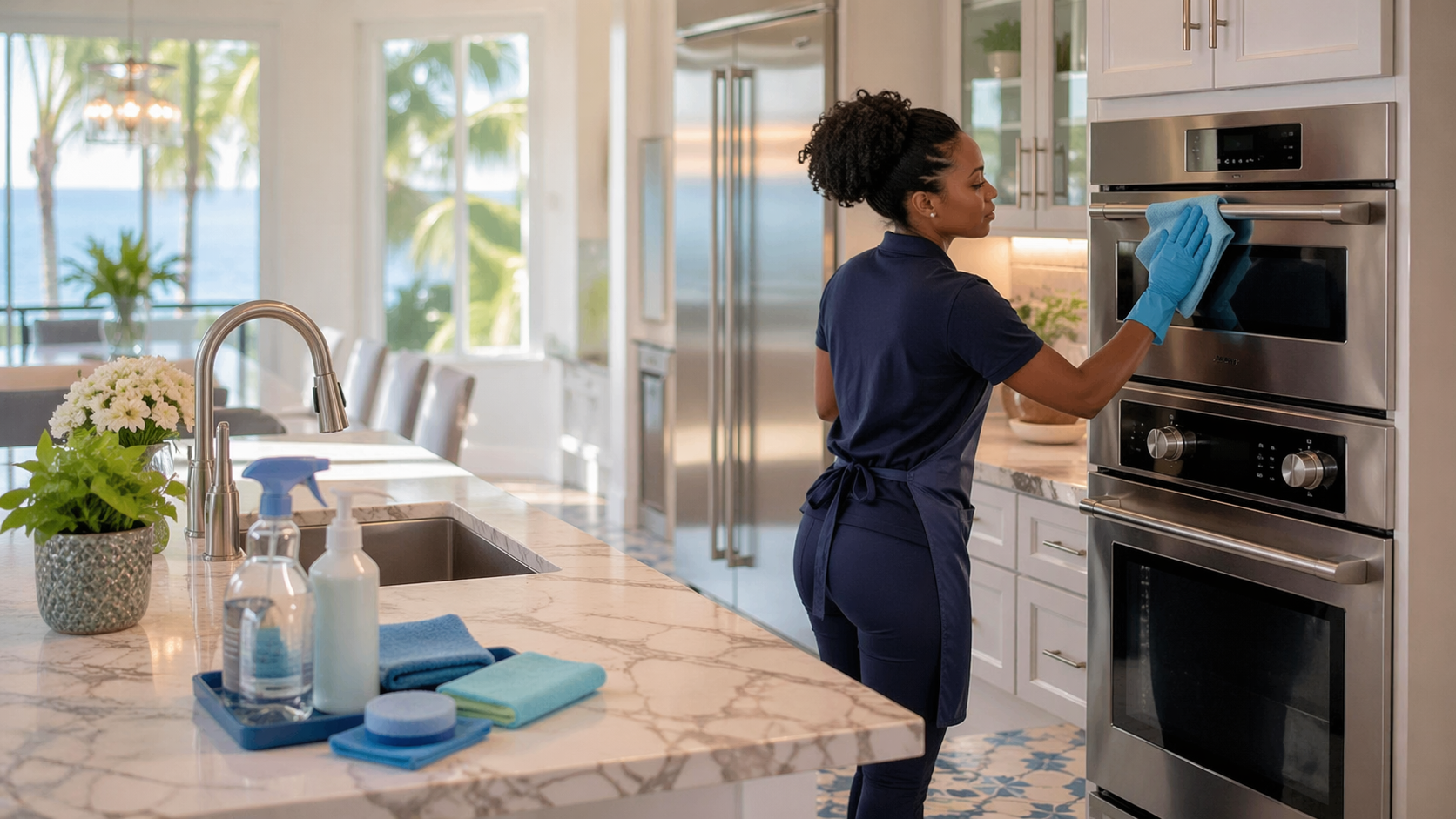 Professional cleaner deep cleaning a bright modern Tampa kitchen during spring, with natural Florida sunlight and cleaning supplies on marble counter
