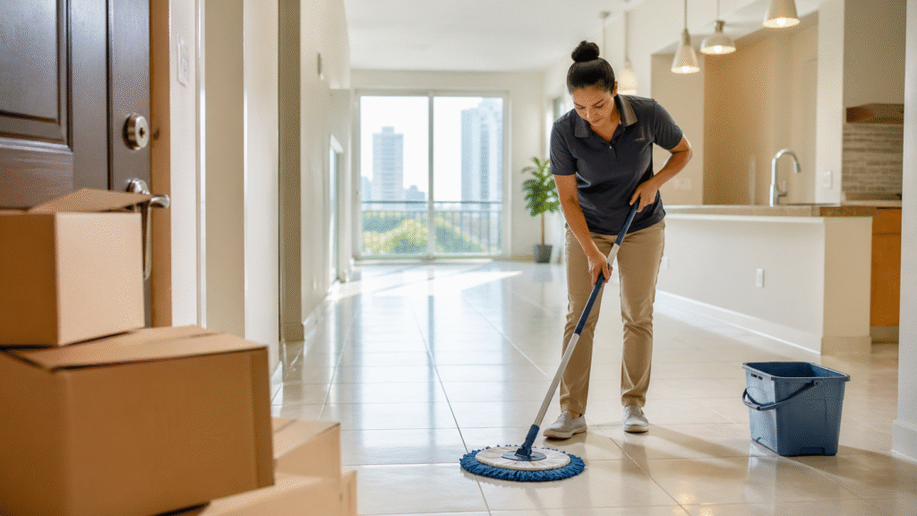 Empty clean Tampa apartment on moving day with labeled boxes by the door and a professional cleaner mopping the floor for a thorough move-out cleaning Tampa job