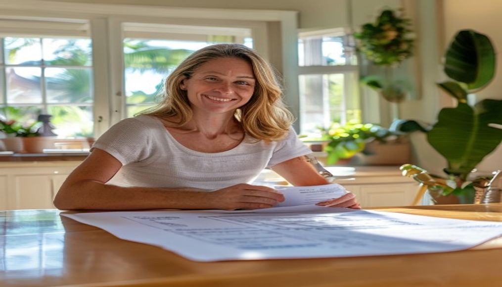 Tampa homeowner reviewing a transparent house cleaning cost invoice at her kitchen table with no surprise fees