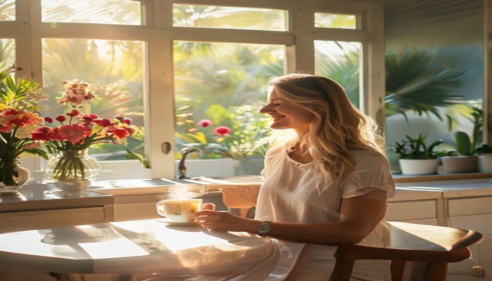 Tampa mom relaxing with coffee in a professionally cleaned sunlit kitchen — the perfect Mother's Day cleaning gift Tampa families can give