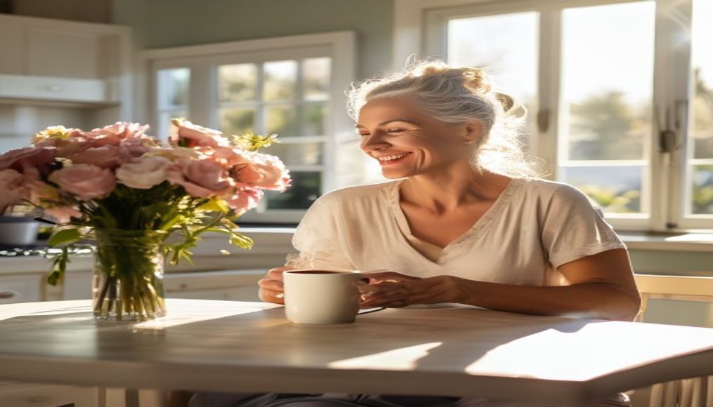 Tampa mom relaxing with coffee in a spotlessly clean kitchen — the perfect Mother's Day cleaning gift in Tampa
