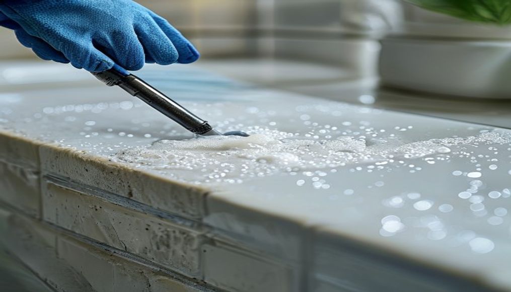 Close-up of professional grout cleaning in a Tampa bathroom, removing humidity-caused mildew for a sparkling fresh result