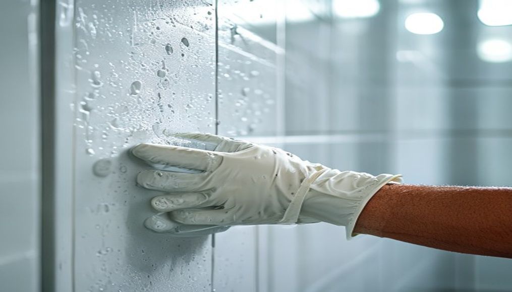 Professional cleaner removing hard water buildup from bathroom tiles in a Tampa home during a deep cleaning visit
