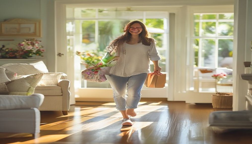 Happy Tampa mom arriving home to a freshly professionally cleaned living room as a Mother's Day surprise gift