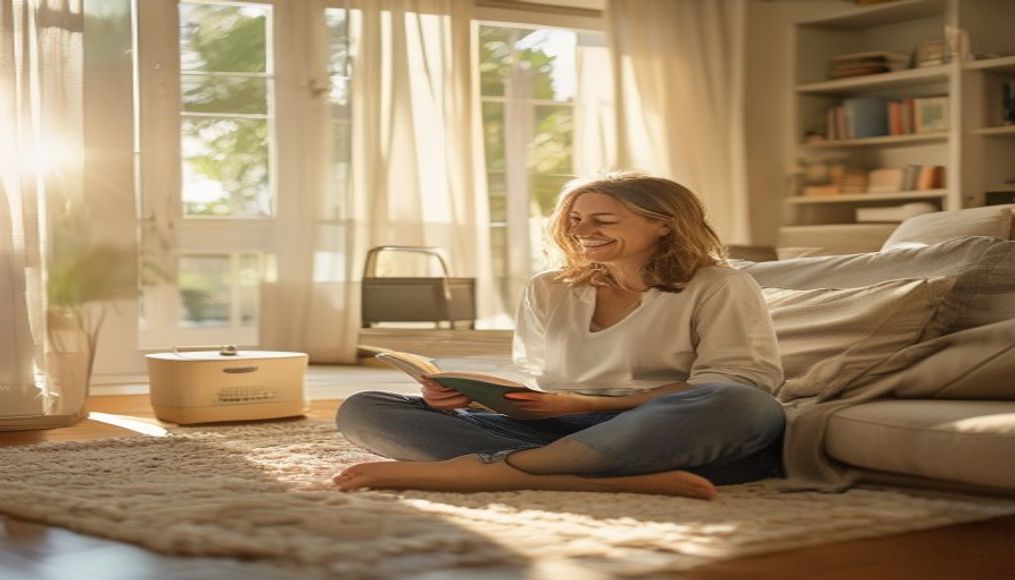 Relaxed Tampa mom enjoying a quiet moment on a freshly cleaned sofa after a professional home cleaning service