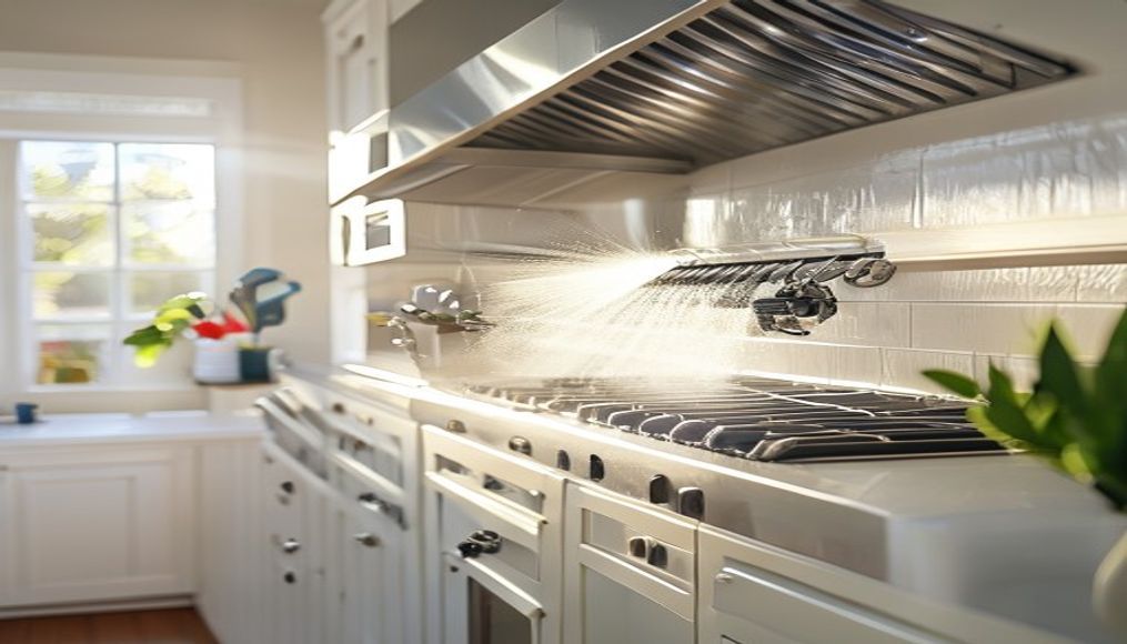 Professional kitchen deep cleaning Tampa range hood with degreaser spray revealing stainless steel shine in a Florida home