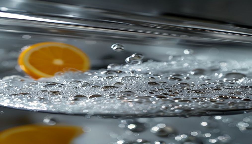 Close-up of greasy range hood filter soaking in hot citrus degreaser solution during a Tampa kitchen deep clean