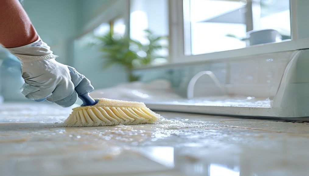 Close-up of professional grout scrubbing during an Airbnb turnover clean in a Tampa vacation rental bathroom