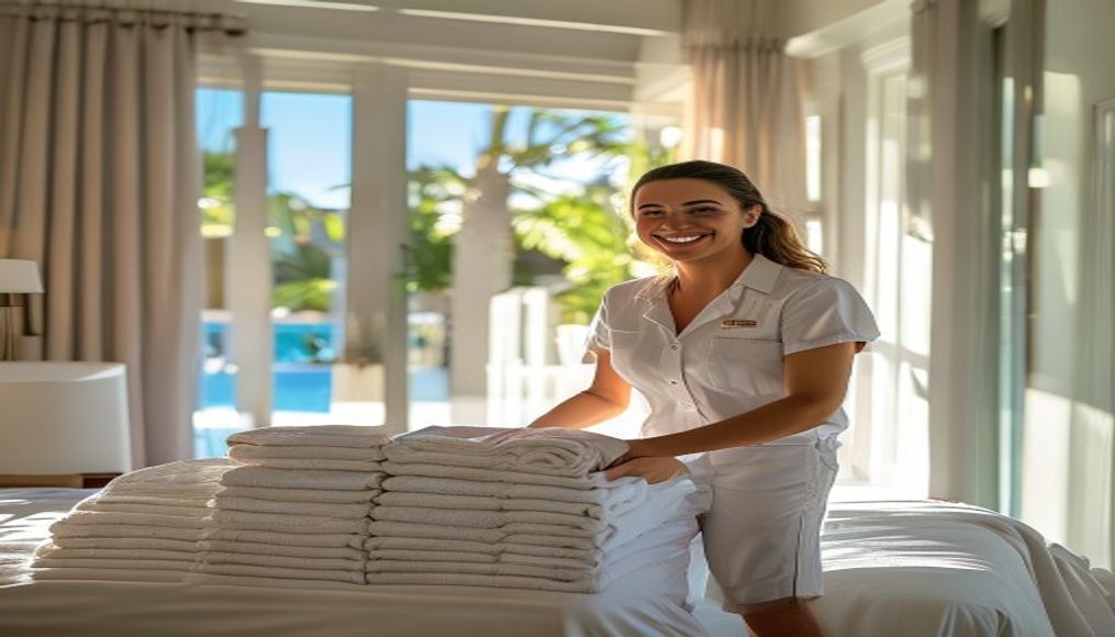 FG7 Cleaning professional arranging fresh towels in a guest-ready Tampa Bay Airbnb rental after a same-day turnover clean