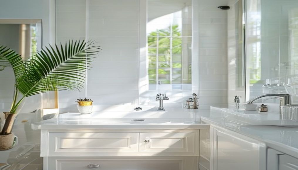 Gleaming Tampa bathroom after deep cleaning in humid Florida — bright white tile, spotless chrome, and no mildew in sight
