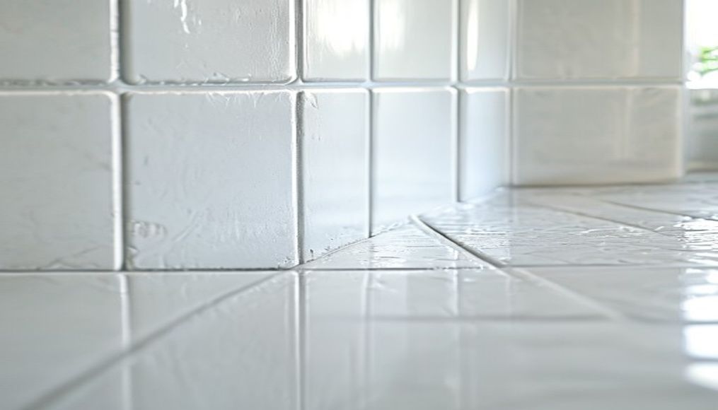 Close-up of freshly cleaned and sealed white grout lines on bathroom tile in a Tampa home, free of mold and discoloration