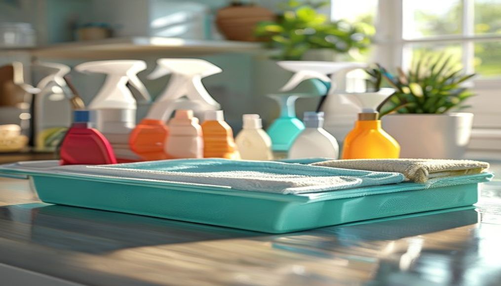 Close-up of a professional cleaning caddy with microfiber cloths and spray bottles ready for a Tampa home cleaning visit