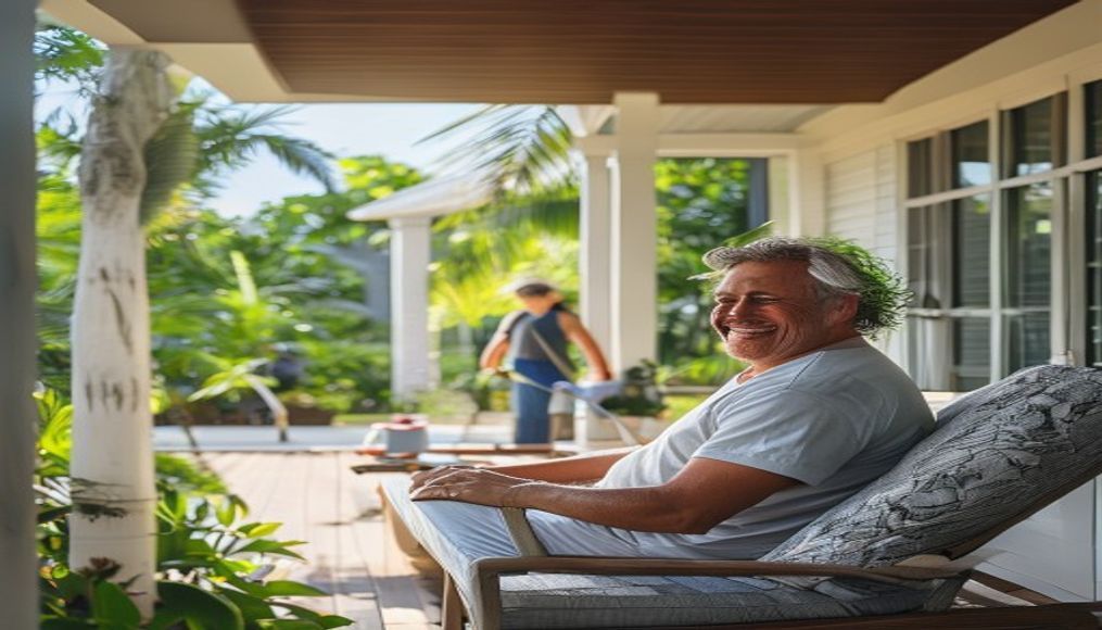 Tampa homeowner relaxing on a clean lanai while a professional cleaner works inside the home