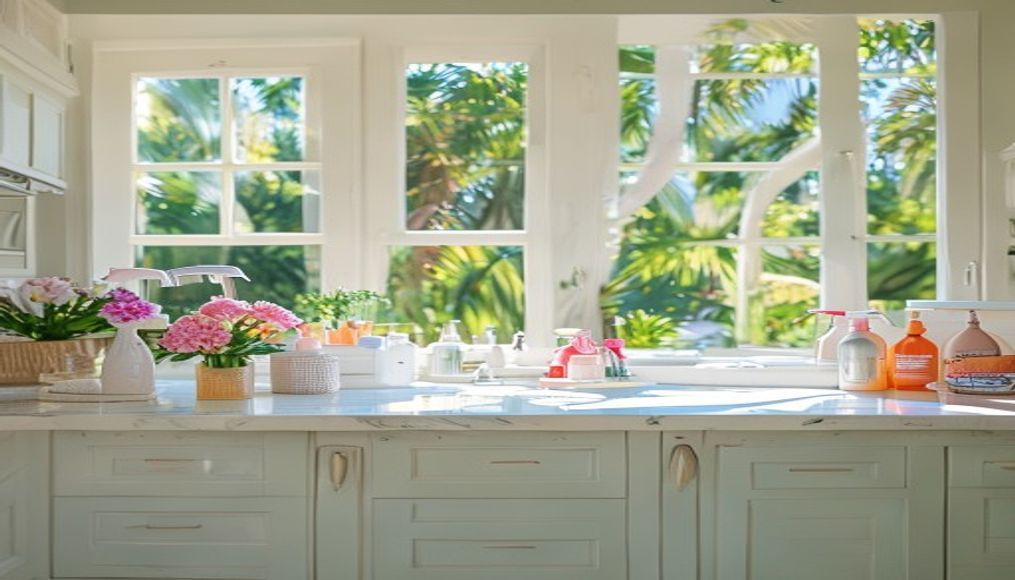 Bright Tampa kitchen organized with cleaning supplies during spring cleaning, fresh Florida sunlight streaming through the windows