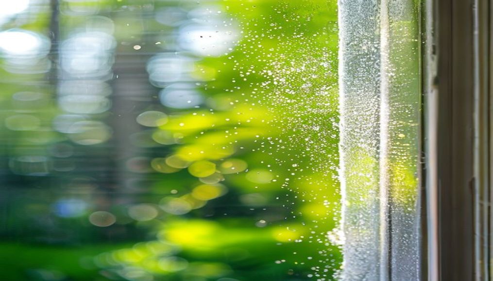 Close-up of a Tampa home window screen being scrubbed to remove spring pollen buildup before peak allergy season