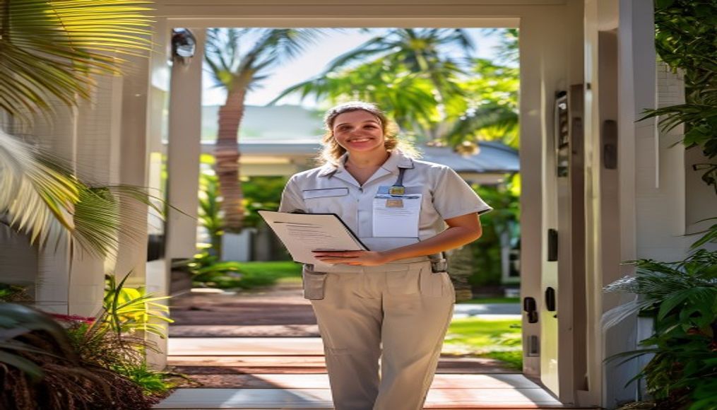 Professional cleaner with ID badge and insurance credentials at a Tampa home door — insured cleaning service Tampa