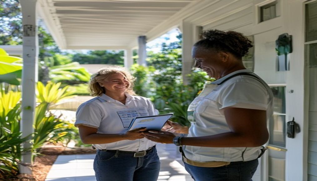 Tampa homeowner greeting a bonded and insured FG7 Cleaning professional at her front door
