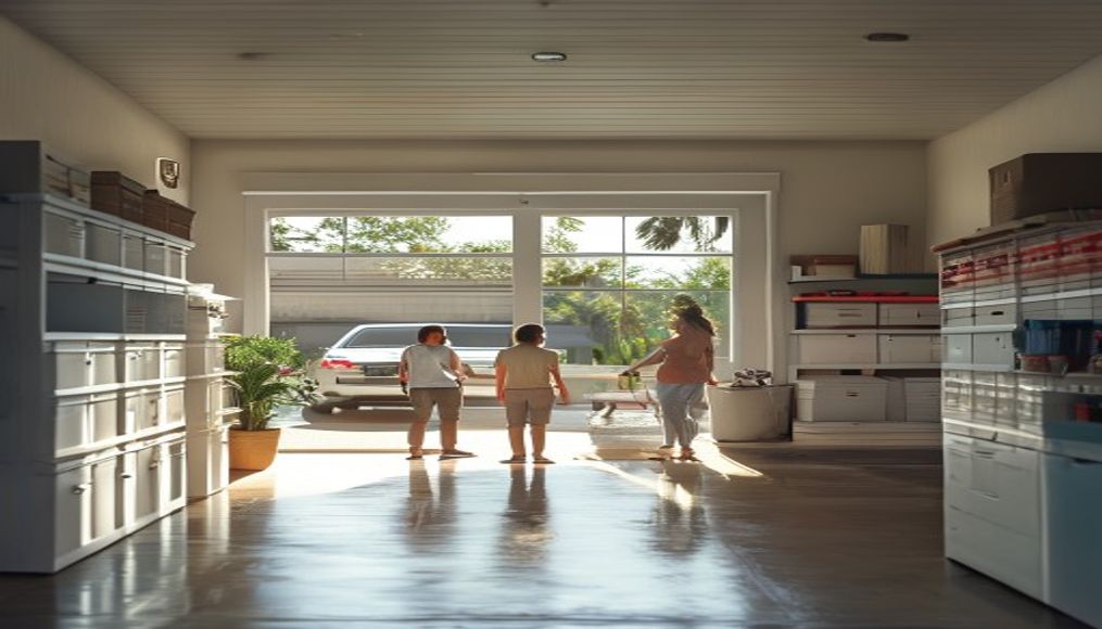Tampa family organizing a clean garage with labeled hurricane supply bins ahead of storm season
