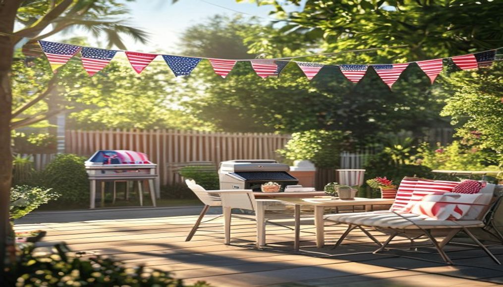 Clean Tampa backyard BBQ patio setup with American flag, sparkling grill, and festive outdoor furniture ready for Memorial Day party cleaning Tampa