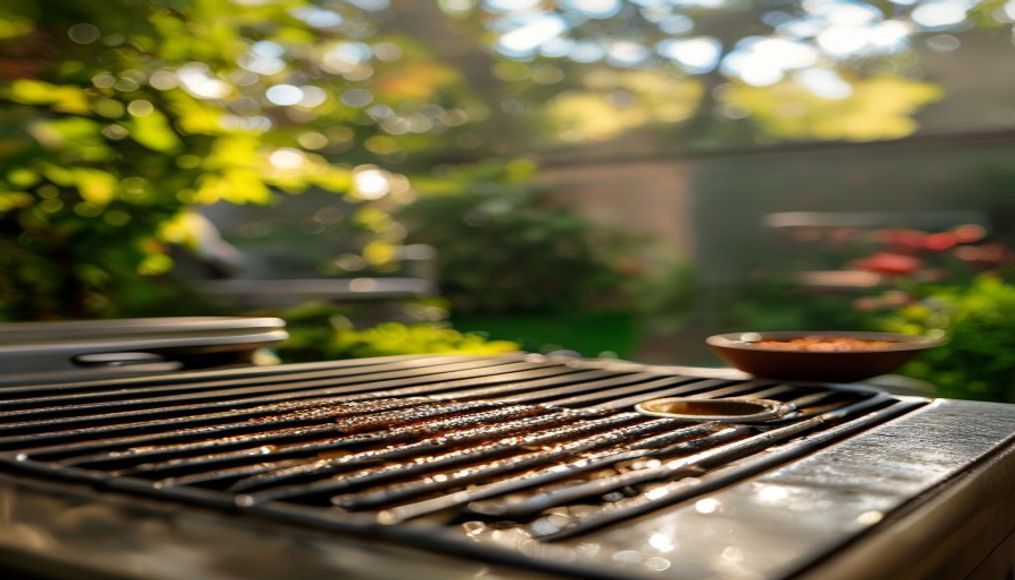 Close-up of a spotlessly clean stainless steel grill grate gleaming in the Tampa sunlight, ready for a Memorial Day BBQ cookout