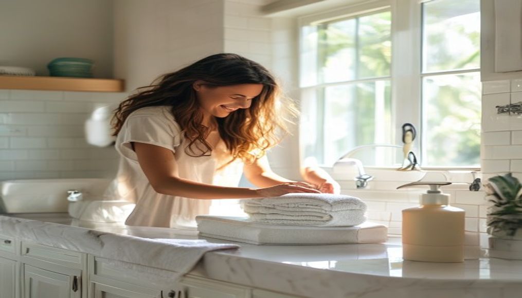 Woman refreshing a clean guest bathroom vanity in a Tampa home before a Memorial Day party, with fresh towels and soap on display