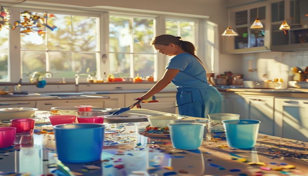 Professional cleaner tidying a Tampa kitchen the morning after a party — post party cleaning Tampa service by FG7 Cleaning