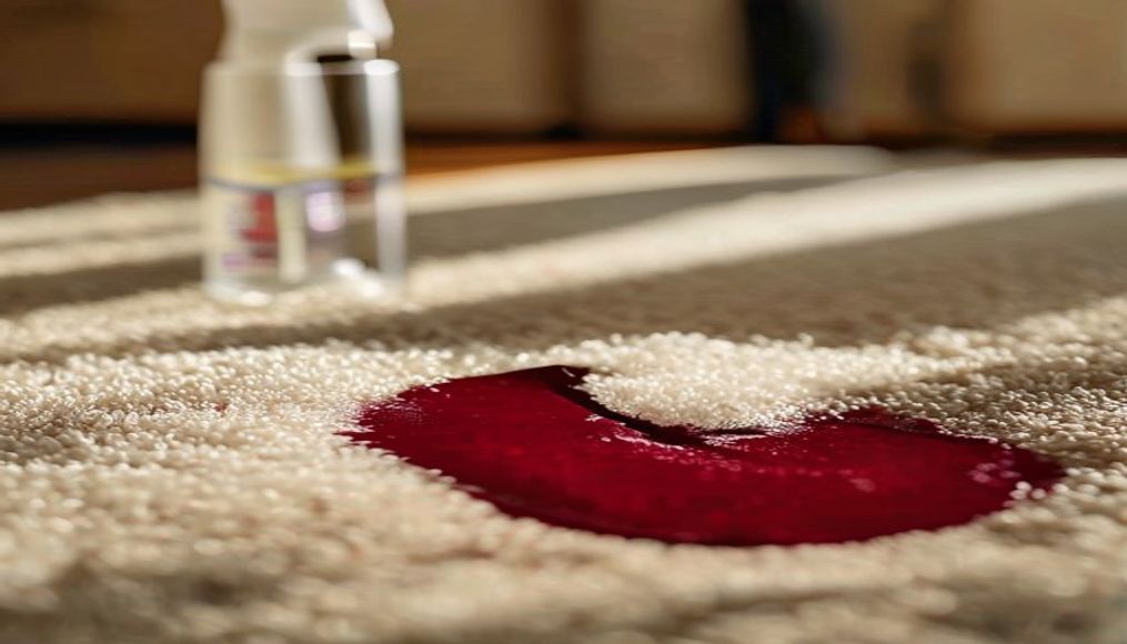 Close-up of red wine stain on carpet being treated during post-party cleanup in a Tampa home