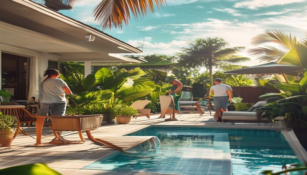 FG7 Cleaning crew restoring a Tampa Bay lanai and pool deck after a Memorial Day party