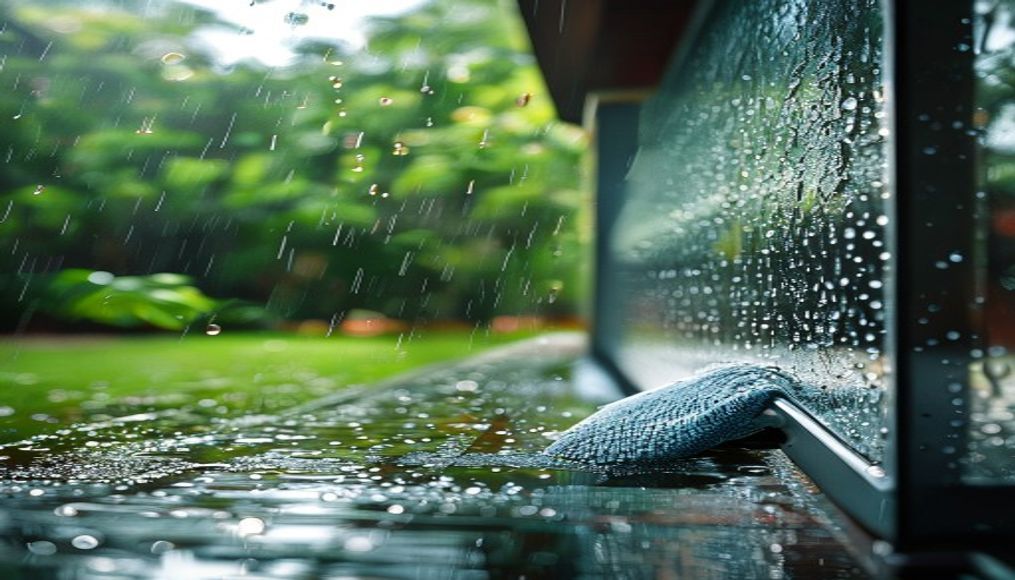 Close-up of a Tampa lanai screen porch being wiped clean after rain, illustrating humidity challenges for Florida Airbnb hosts