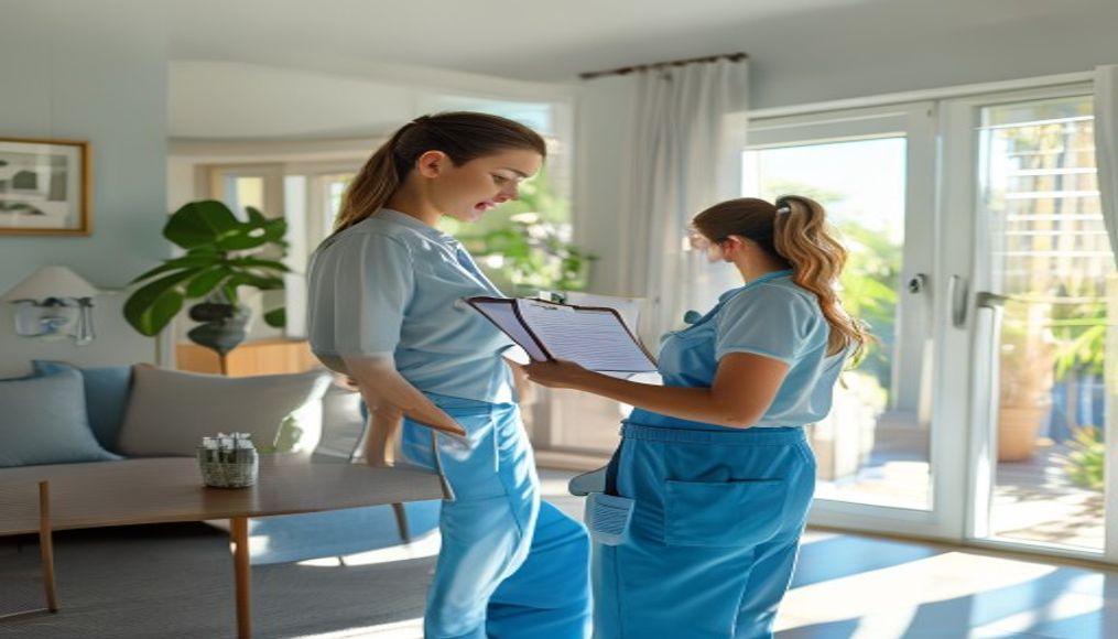 Professional cleaner doing a final walkthrough inspection in a Tampa Airbnb living room, ensuring the property is guest-ready