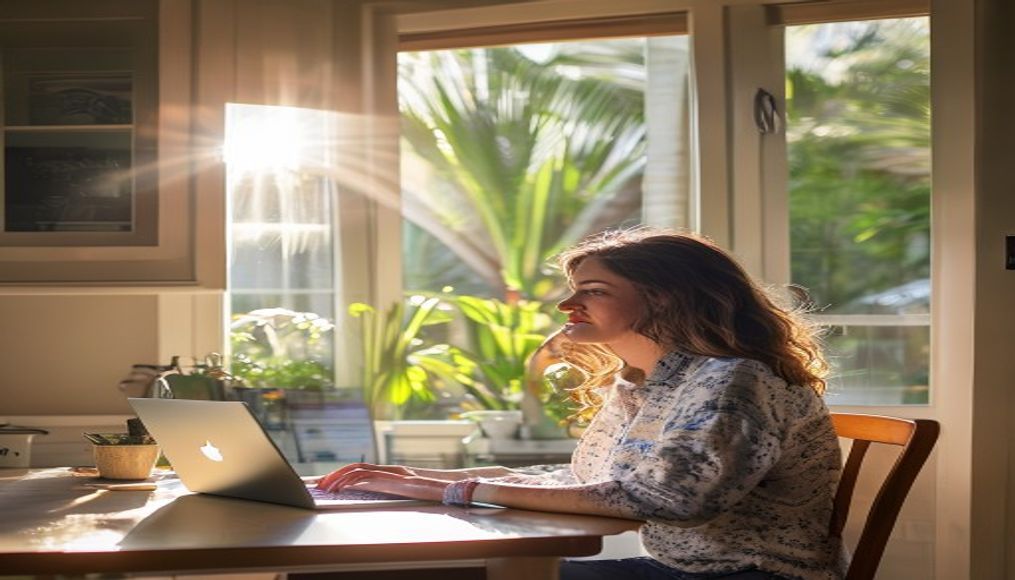 Tampa homeowner comparing reliable cleaning service Tampa options on a laptop in a sunny Florida kitchen