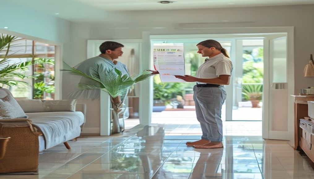 A uniformed cleaner and Tampa homeowner reviewing a job checklist together inside a bright Florida home