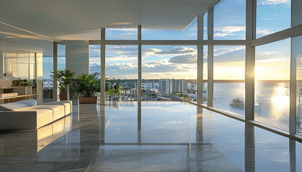 Modern Tampa Bay condo interior in Downtown St. Petersburg with bay views and polished floors — condo cleaning St Petersburg