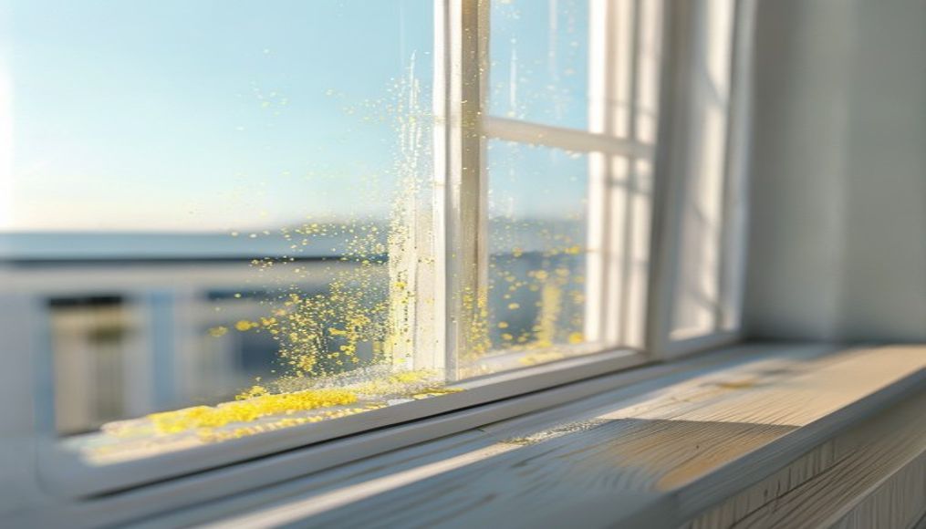 Close-up of salt film and pollen residue on a coastal condo window sill in Tampa, highlighting common cleaning challenges