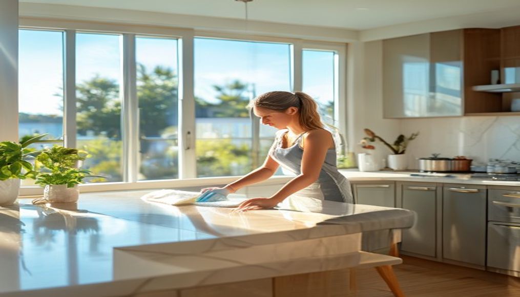 Professional cleaner wiping down a kitchen counter in a bright Downtown St. Petersburg condo with bay-view windows