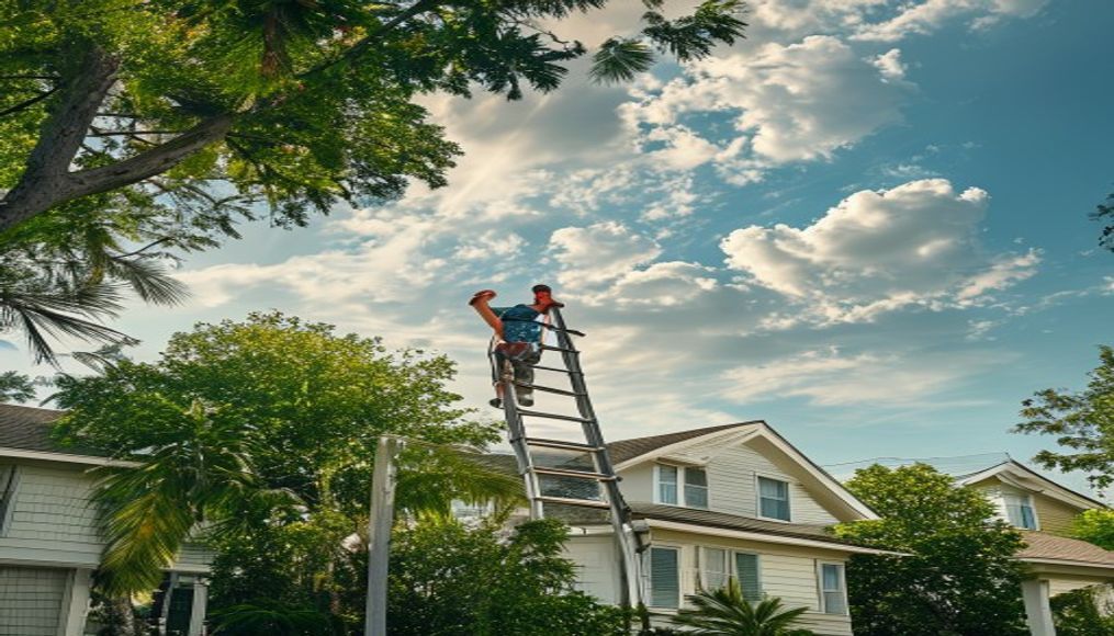 Tampa homeowner on ladder cleaning gutters in May to prepare for hurricane season cleaning Tampa Bay homes
