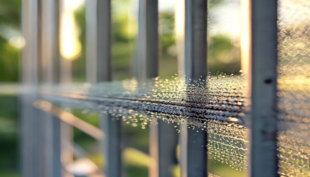 Close-up of a Tampa lanai screen enclosure frame being scrubbed clean of pollen and mold before Florida hurricane season