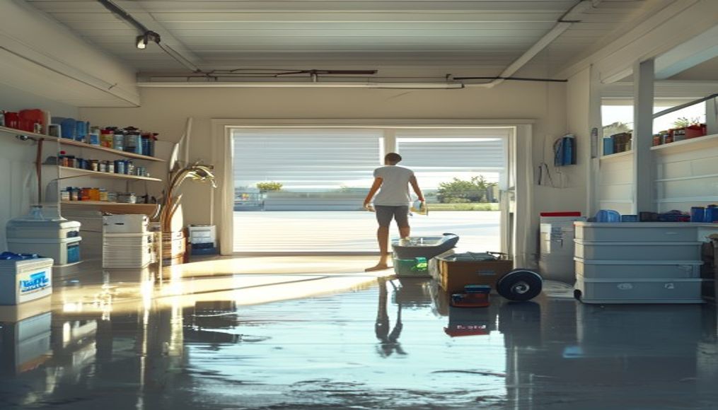 Tampa Bay homeowner organizing hurricane emergency supplies in a clean garage as part of May storm season preparation