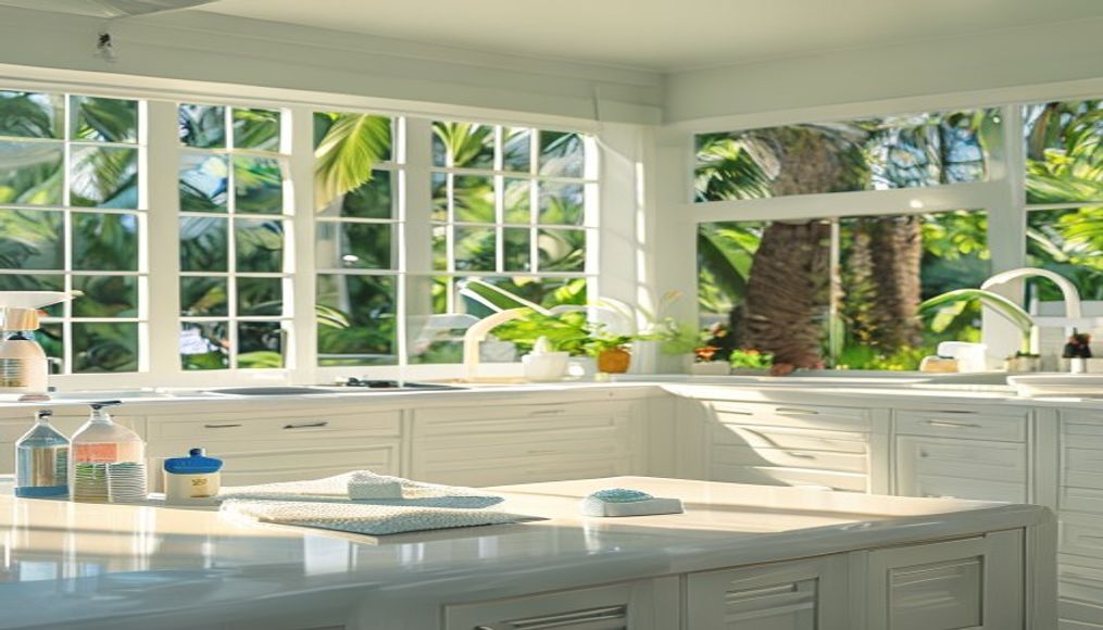 Bright Tampa kitchen being spring cleaned with organized supplies and fresh morning sunlight through palm-tree-lined windows