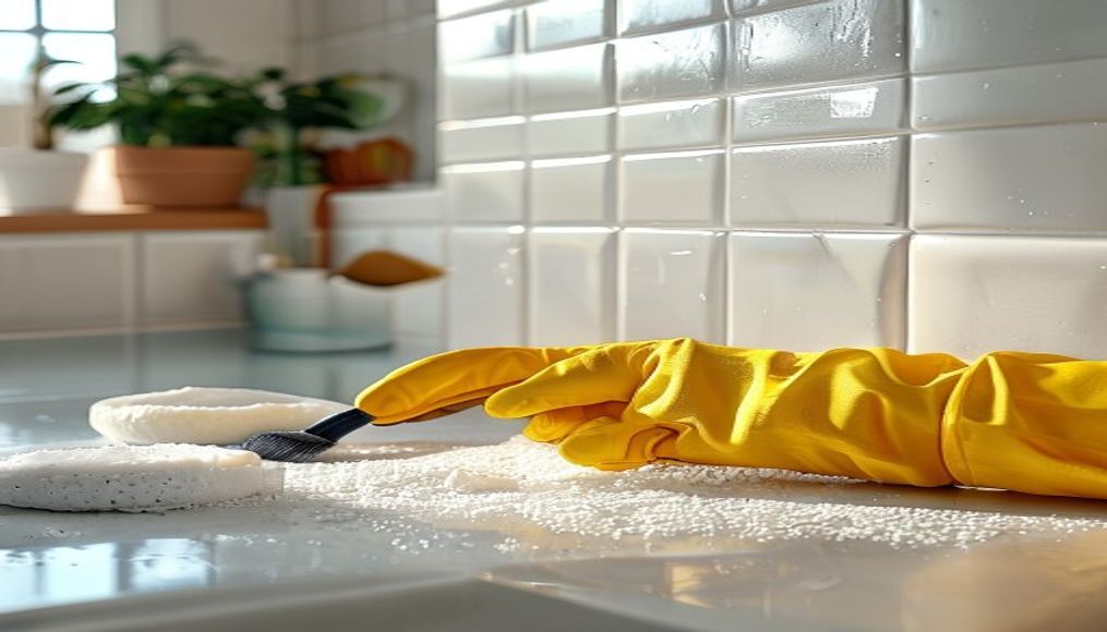 Close-up of gloved hand scrubbing kitchen tile grout during a Tampa home spring deep clean