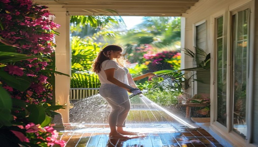 Tampa homeowner smiling while rinsing a pollen-covered lanai screen on a sunny Florida spring morning