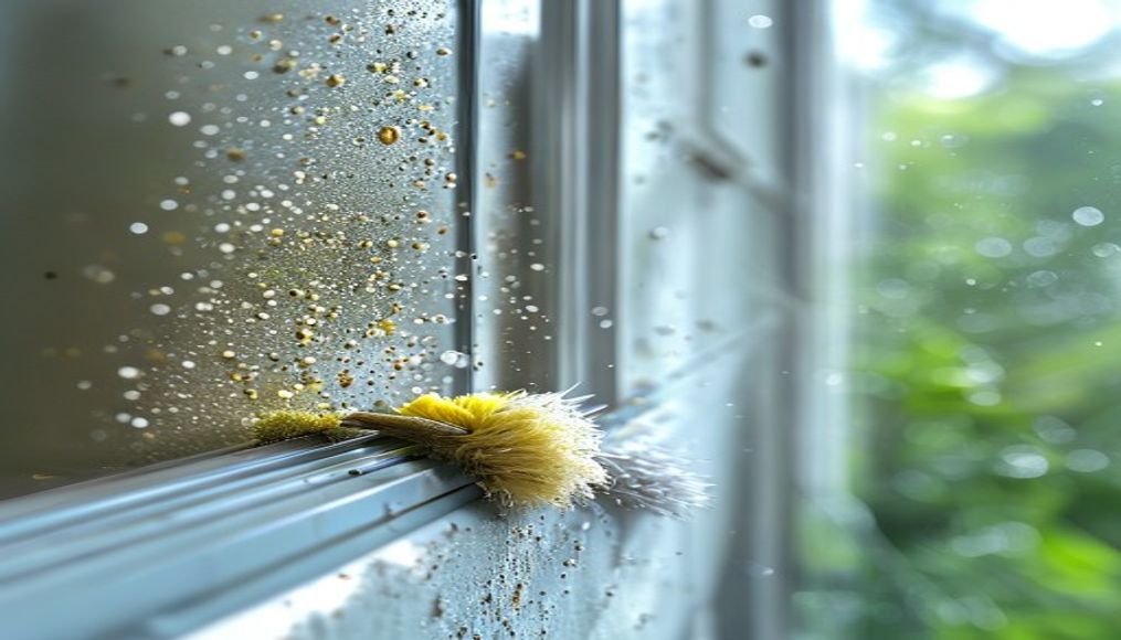 Close-up of debris and mildew buildup in a Tampa home window track being cleared before hurricane season