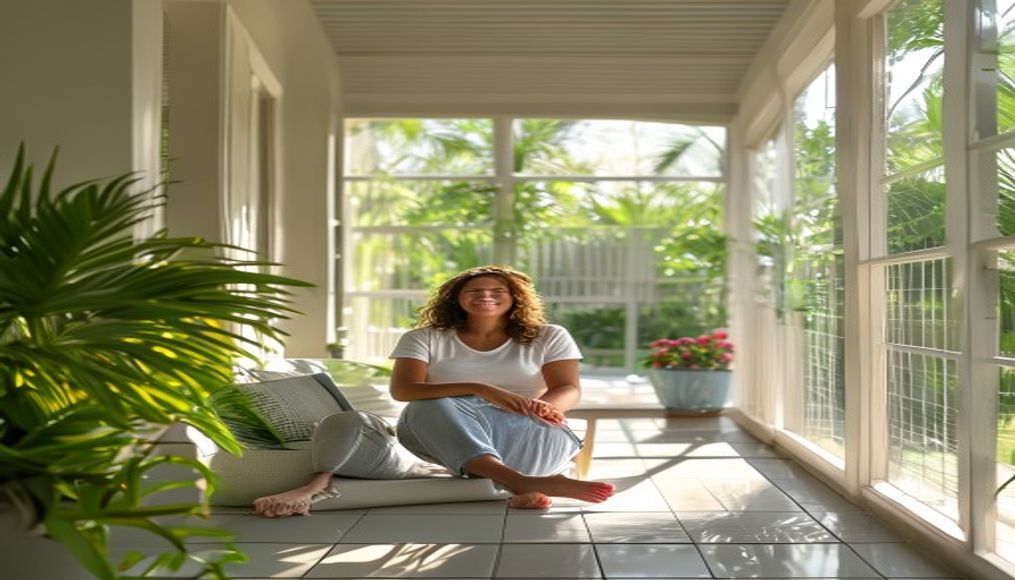 Tampa homeowner relaxing on a freshly cleaned lanai screen porch ahead of hurricane season
