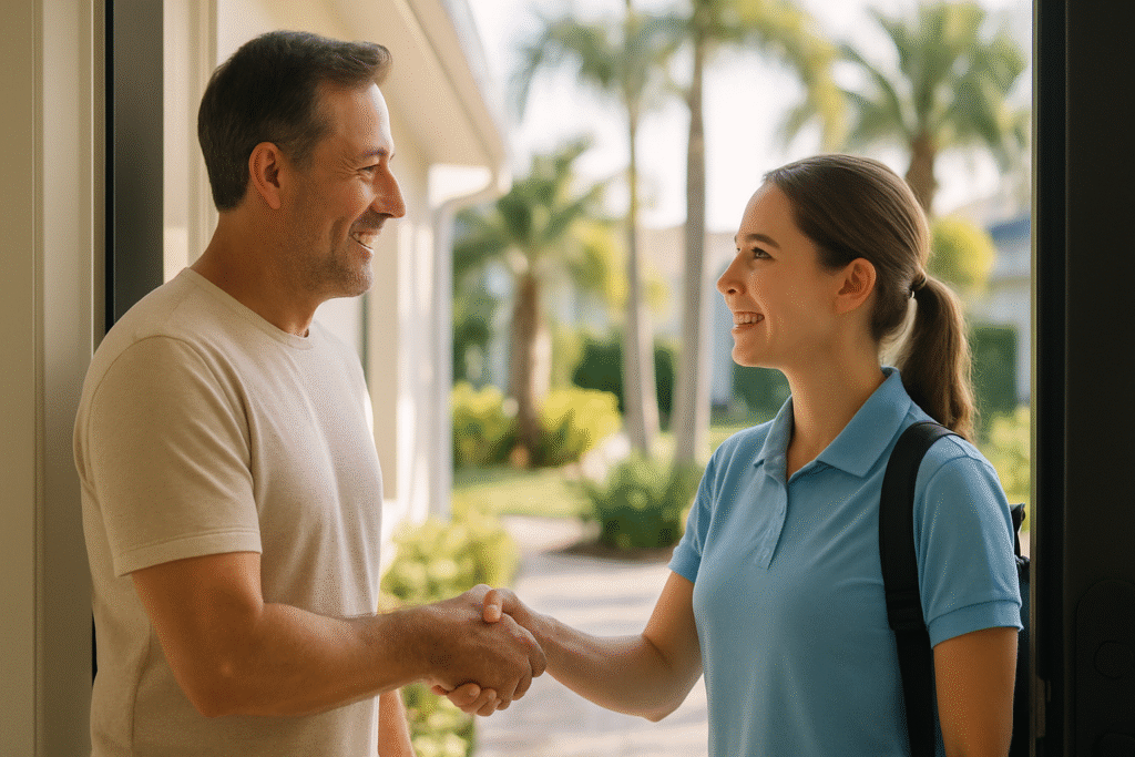 FG7 Cleaning professional and Tampa homeowner shaking hands at front door during first cleaning appointment Tampa
