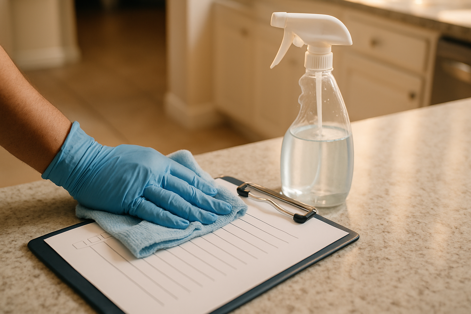 Close-up of FG7 cleaner reviewing a home cleaning checklist in a Tampa kitchen before starting the first visit