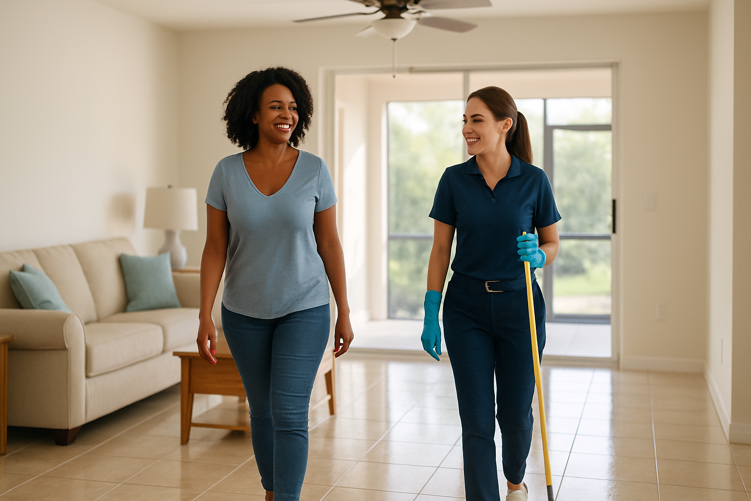Tampa homeowner and FG7 Cleaning team member doing a final walk-through of a spotless living room after a professional clean