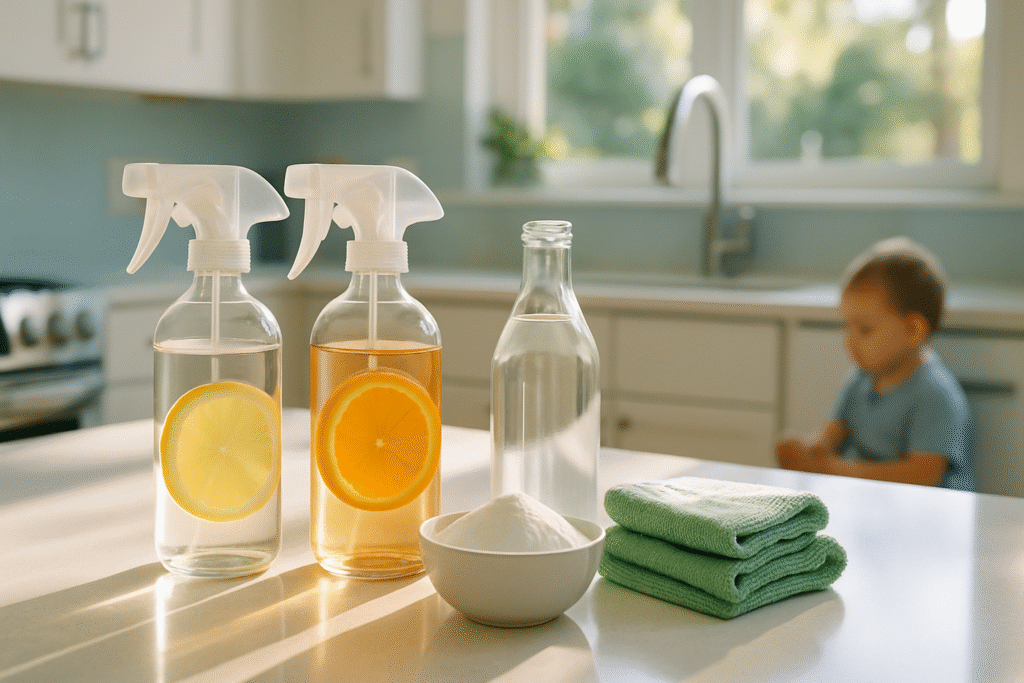 Natural plant-based eco-friendly cleaning supplies on a Tampa home kitchen counter, safe for children and pets