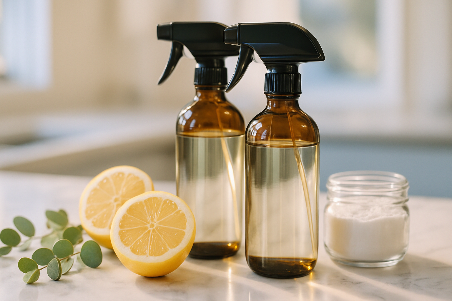 Close-up of glass spray bottles with plant-based cleaning solutions, lemon, and baking soda on a Tampa home countertop
